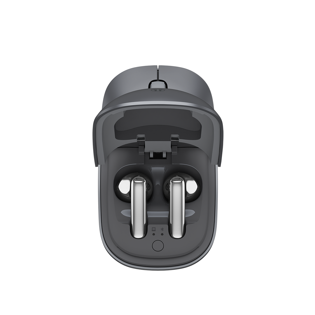 Space Gray Handpeak Wireless EarMouse Pro with the earbud bay open