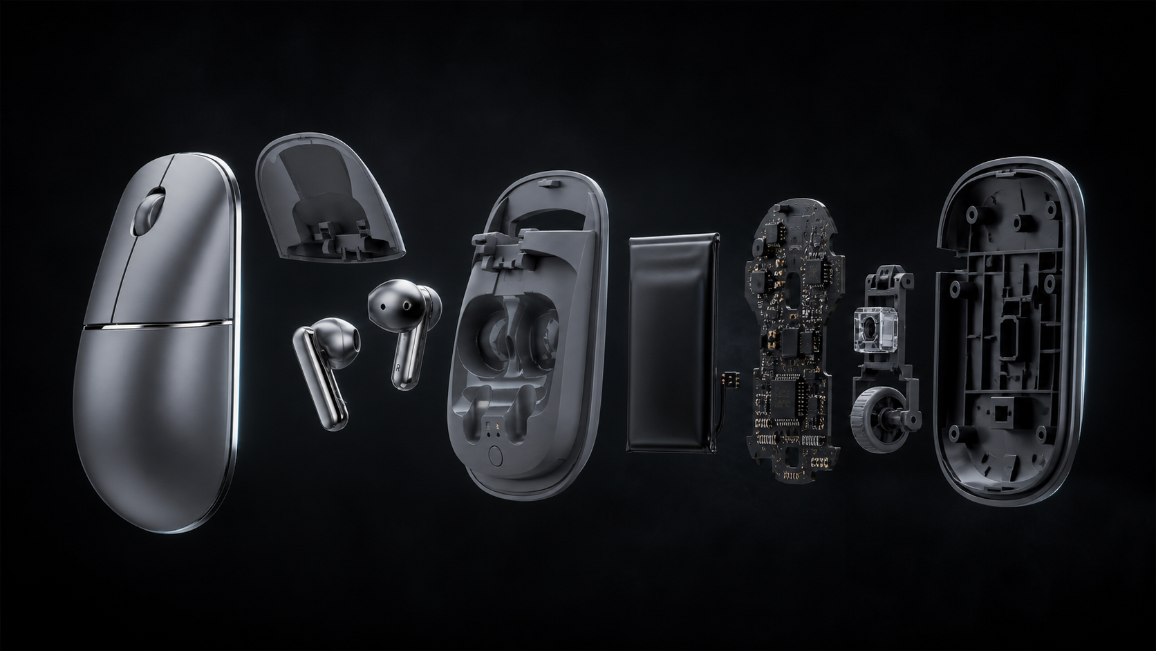 Handpeak Space Gray mouse shown as a realistic horizontal exploded assembly