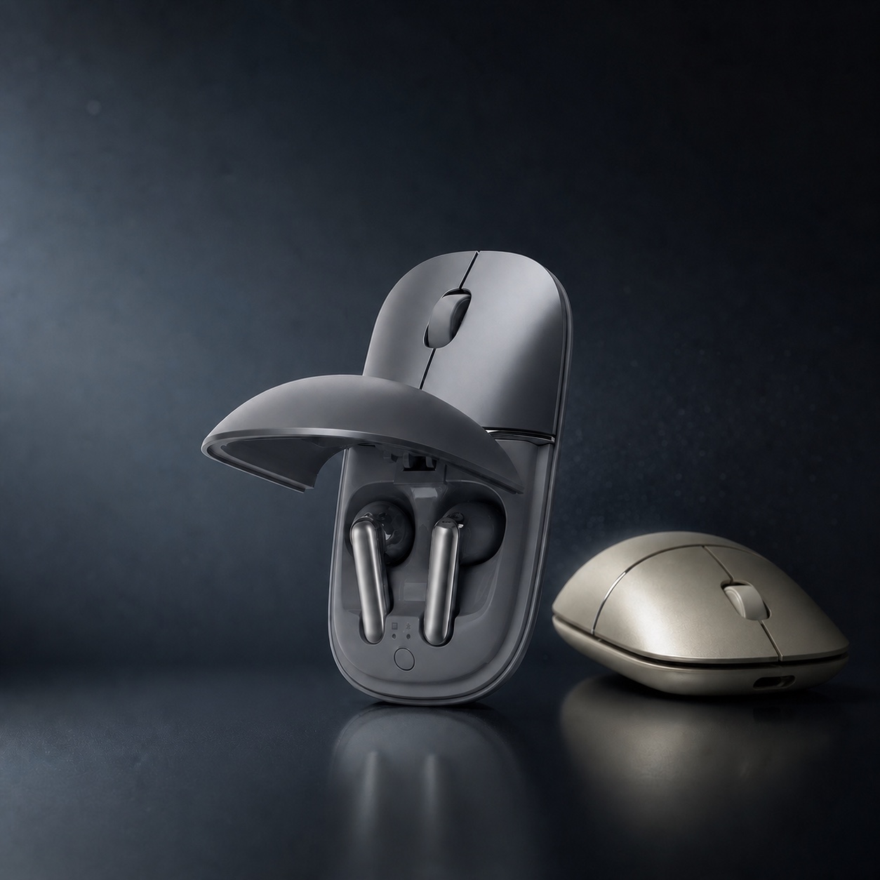 Handpeak mouse with exactly two earbuds inside its open charging compartment beside the Champagne finish