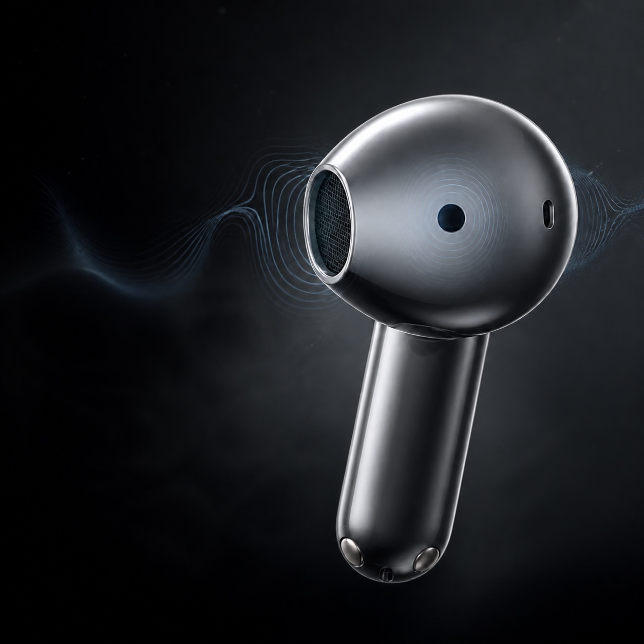 Single Handpeak semi-open earbud shown in macro view with subtle acoustic wave visualization