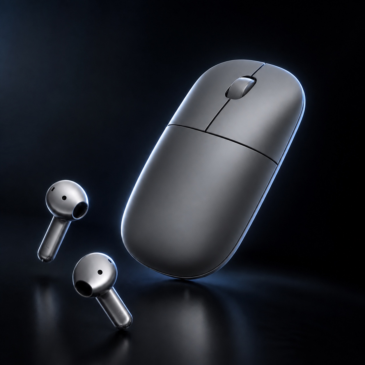 Fully assembled opaque Space Gray Handpeak mouse with two metallic earbuds