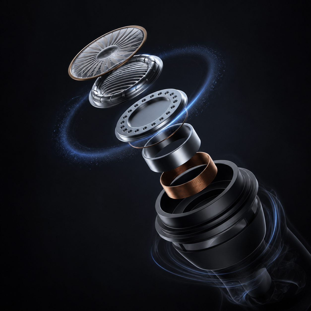 Exploded view of the Handpeak earbud dual-magnetic acoustic driver and LCP diaphragm