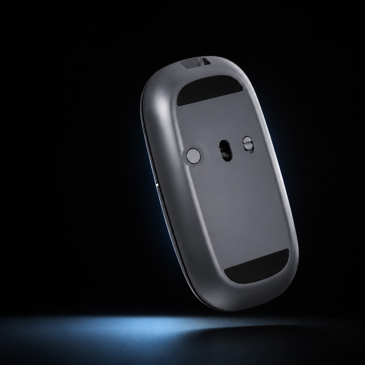 Clean underside view of the Handpeak mouse with an animated dual-mode signal