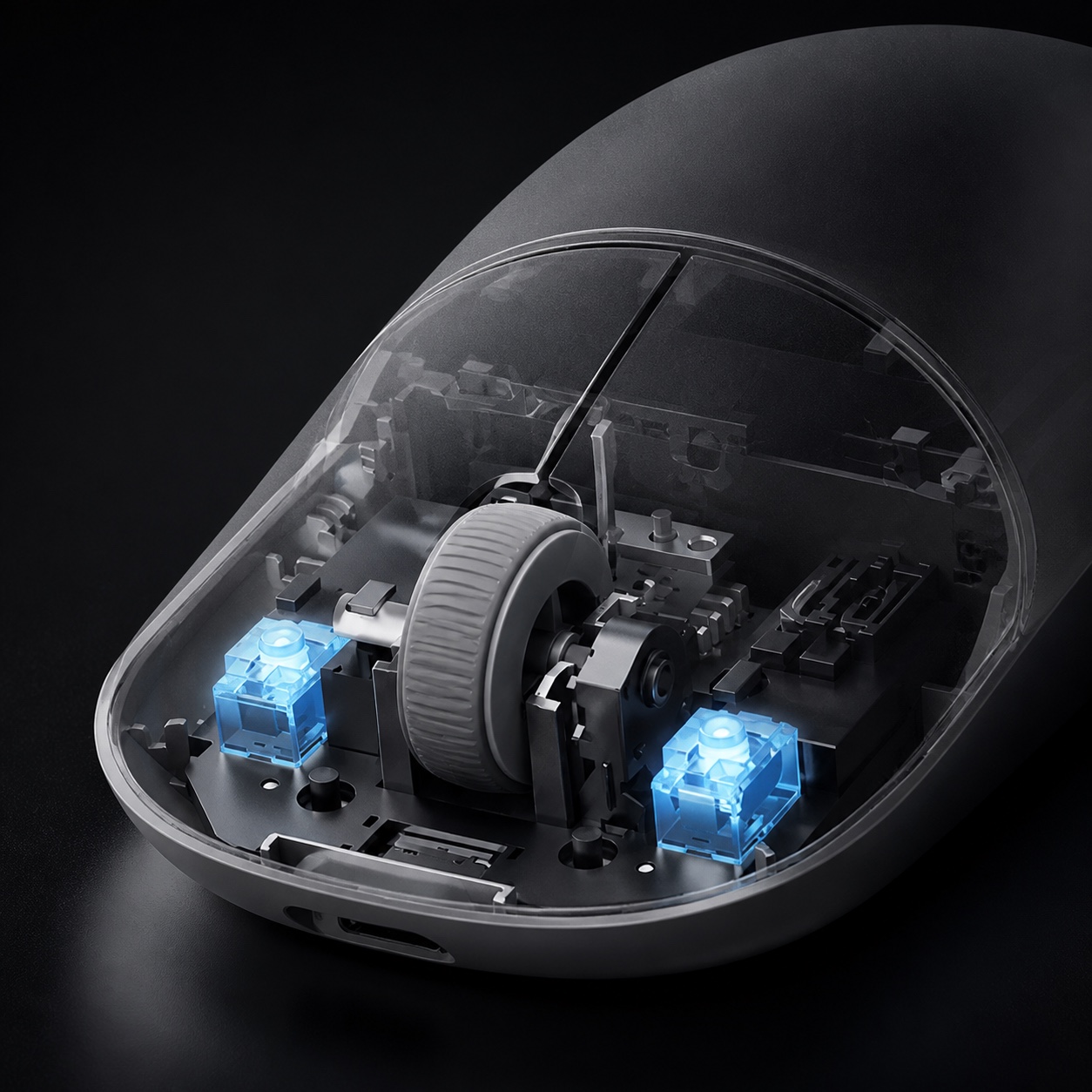 Cutaway macro view of the Handpeak mouse showing illuminated quiet switches and scroll mechanism